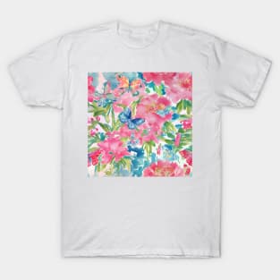 Preppy pink, green and turquoise flowers and butterflies T-Shirt